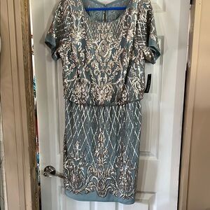 Seafoam Embellished Sheath Midi Dress with Dolman Sleeves